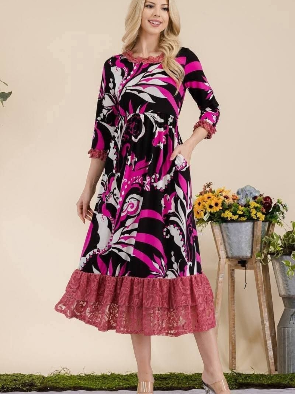 Celeste Black & Fuchsia Printed Midi Dress with Lace Hem
